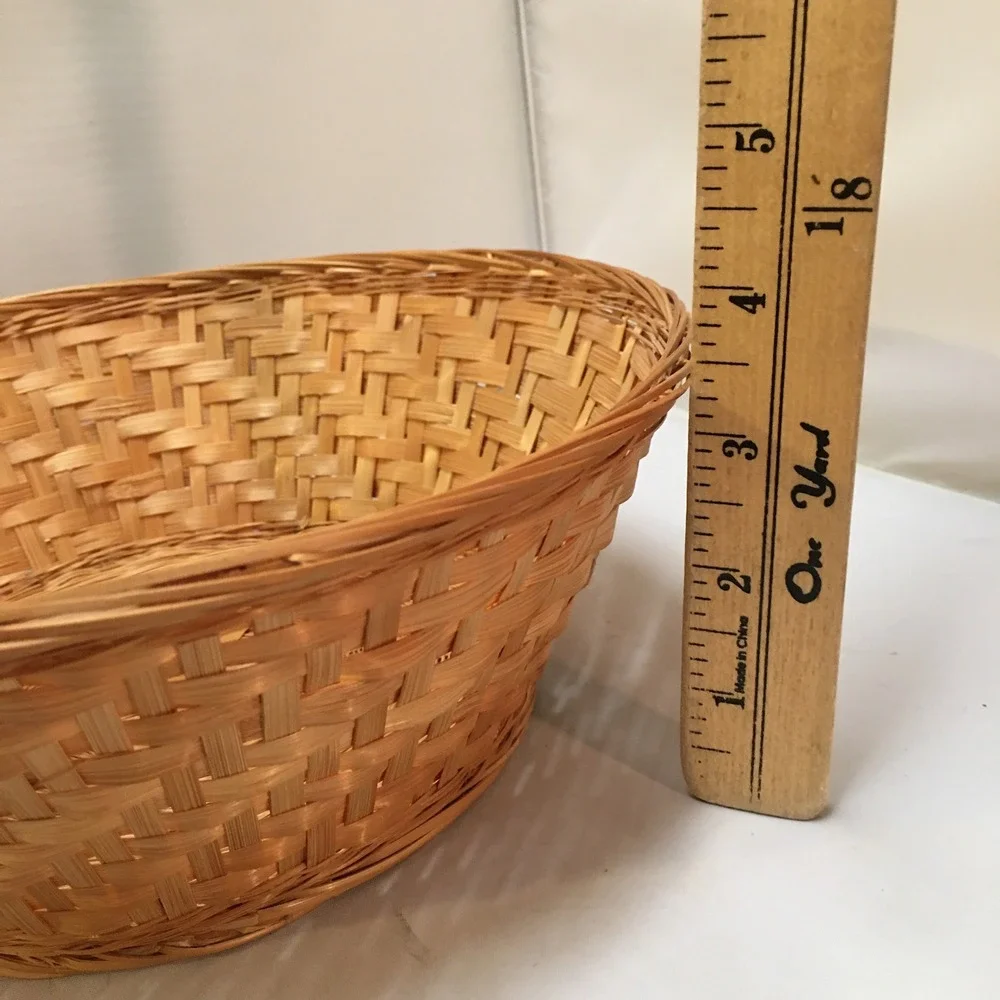 Woven Bamboo Basket Unisex Medium Brown Round Natural Storage Bowl Cottagecore